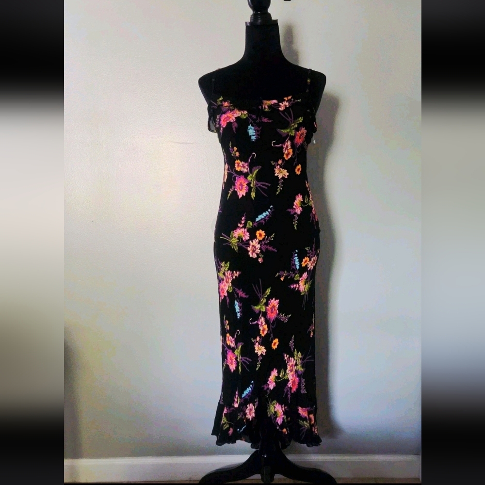Betsy Johnson Womens Vintage Y2k 90's Black Floral Babydoll Midi Slip Dress. - Picture 8 of 8